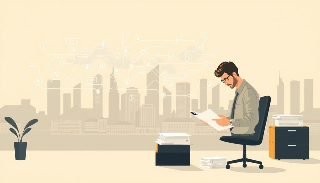 A modern, stylized illustration of claims management in the insurance industry. In the foreground, a claims adjuster examines documents and a digital interface, surrounded by stacks of files and an ergonomic office setup with a sleek, minimalist aesthetic. The middle ground features an abstract visualization of data flows, risk analysis, and decision-making processes, represented by dynamic lines and shapes in a muted color palette. In the background, a cityscape with towering skyscrapers and a hint of overcast skies, symbolizing the broader business landscape in which insurance companies operate. Warm, directional lighting casts subtle shadows, creating depth and a sense of professionalism. The overall scene conveys the complexity, precision, and importance of claims management as a key risk lever in the insurance business model.