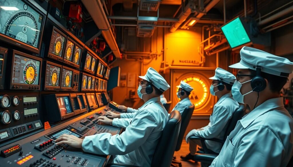 A nuclear power reactor control room, bathed in the warm glow of instrument panels and monitors. Nuclear technicians in crisp, white uniforms diligently monitor readings, adjusting controls with precision. The atmosphere is one of focused intensity, as these highly skilled operators ensure the safe and efficient operation of this complex and vital power source. Dramatic lighting casts dramatic shadows, highlighting the technical expertise and responsibility of their roles. The scene conveys the importance and lucrative nature of this specialized and in-demand trade.