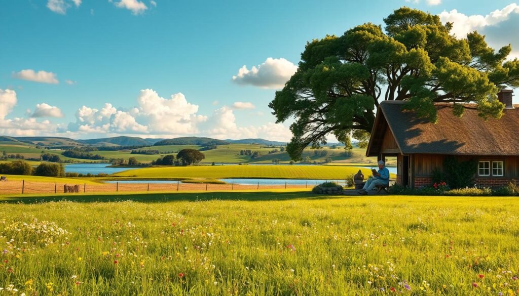 A peaceful countryside scene with a lush green meadow, dotted with colorful wildflowers. In the foreground, a cozy farmhouse with a picturesque thatched roof, surrounded by a well-tended garden. In the middle ground, a farmer sitting under a large oak tree, enjoying a cup of tea and reading a book, symbolizing the passive income from their successful farm. The background features rolling hills, a serene lake, and a clear blue sky with fluffy white clouds, creating a tranquil and idyllic atmosphere. The scene is bathed in warm, golden sunlight, conveying a sense of contentment and prosperity. A peaceful countryside scene with a lush green meadow, dotted with colorful wildflowers. In the foreground, a cozy farmhouse with a picturesque thatched roof, surrounded by a well-tended garden. In the middle ground, a farmer sitting under a large oak tree, enjoying a cup of tea and reading a book, symbolizing the passive income from their successful farm. The background features rolling hills, a serene lake, and a clear blue sky with fluffy white clouds, creating a tranquil and idyllic atmosphere. The scene is bathed in warm, golden sunlight, conveying a sense of contentment and prosperity.