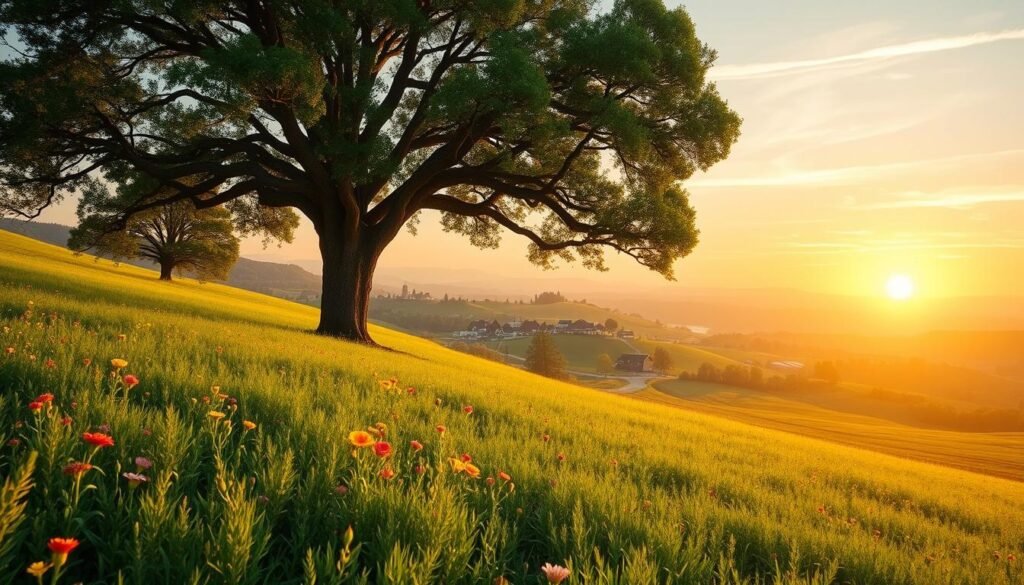 A serene and expansive landscape, bathed in warm, golden light. In the foreground, a lush, verdant field dotted with vibrant wildflowers sways gently in a soft breeze. At the center, a sturdy oak tree stands tall, its branches reaching skyward, symbolizing the growth and prosperity of earnings. In the middle ground, a winding path leads the eye towards a picturesque village, its quaint houses and shops nestled between rolling hills. In the distance, the horizon is painted with hues of orange and pink, creating a breathtaking sunset. The overall atmosphere evokes a sense of tranquility, abundance, and the promise of financial well-being. A serene and expansive landscape, bathed in warm, golden light. In the foreground, a lush, verdant field dotted with vibrant wildflowers sways gently in a soft breeze. At the center, a sturdy oak tree stands tall, its branches reaching skyward, symbolizing the growth and prosperity of earnings. In the middle ground, a winding path leads the eye towards a picturesque village, its quaint houses and shops nestled between rolling hills. In the distance, the horizon is painted with hues of orange and pink, creating a breathtaking sunset. The overall atmosphere evokes a sense of tranquility, abundance, and the promise of financial well-being.