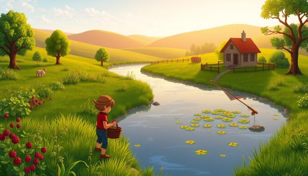 A serene early morning in a charming Stardew Valley countryside. In the foreground, a player character forages for wild plants and berries, basket in hand. The middle ground features a tranquil river where the player fishes with a simple rod, surrounded by lush greenery. In the background, a quaint farmhouse and rolling hills bathed in warm, golden sunlight evoke a peaceful, idyllic atmosphere. The overall scene conveys a sense of rural calm and the humble beginnings of a promising farming adventure.