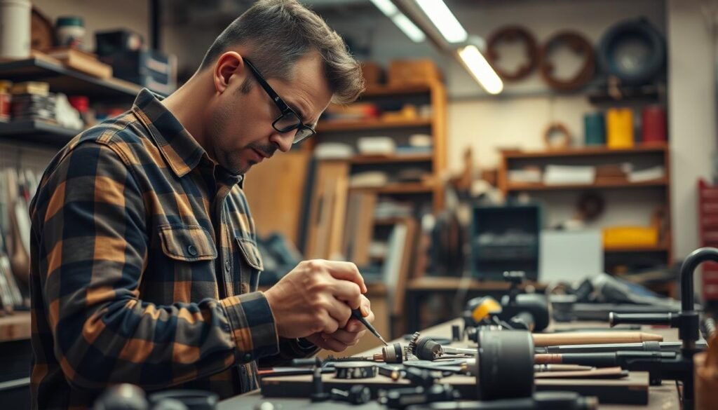 A skilled tradesperson working diligently in a well-equipped workshop, surrounded by the tools of their craft. Warm, focused lighting illuminates the intricate details of their work - the precise, confident movements of their hands as they wield specialized tools, the carefully curated workbench filled with various components and materials. In the background, the workshop is filled with a sense of purpose and dedication, with shelves of neatly organized supplies and equipment hinting at the breadth of knowledge and experience required to excel in this field. The overall atmosphere conveys the pride, skill, and professionalism inherent in a lucrative, fulfilling career in the trades.