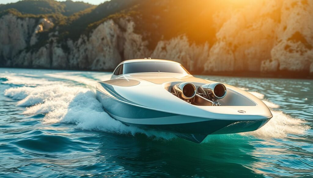 A sleek, aerodynamic boat slicing through the waves, its powerful engines propelling it at record-breaking speeds. The gleaming white hull reflects the sunlight, its long, streamlined silhouette hinting at the engineering prowess behind its creation. In the foreground, the boat's bow cuts through the turquoise waters, creating a foaming wake that stretches out behind it. The middle ground features the boat's powerful twin engines, their gleaming chrome casings and intricate mechanisms visible. In the background, a pristine coastline with towering cliffs and lush greenery provides a dramatic backdrop, emphasizing the boat's speed and agility. The scene is illuminated by warm, golden sunlight, casting a sense of power and exhilaration. The overall mood is one of technological innovation, speed, and the thrill of pushing the boundaries of what's possible. A sleek, aerodynamic boat slicing through the waves, its powerful engines propelling it at record-breaking speeds. The gleaming white hull reflects the sunlight, its long, streamlined silhouette hinting at the engineering prowess behind its creation. In the foreground, the boat's bow cuts through the turquoise waters, creating a foaming wake that stretches out behind it. The middle ground features the boat's powerful twin engines, their gleaming chrome casings and intricate mechanisms visible. In the background, a pristine coastline with towering cliffs and lush greenery provides a dramatic backdrop, emphasizing the boat's speed and agility. The scene is illuminated by warm, golden sunlight, casting a sense of power and exhilaration. The overall mood is one of technological innovation, speed, and the thrill of pushing the boundaries of what's possible.