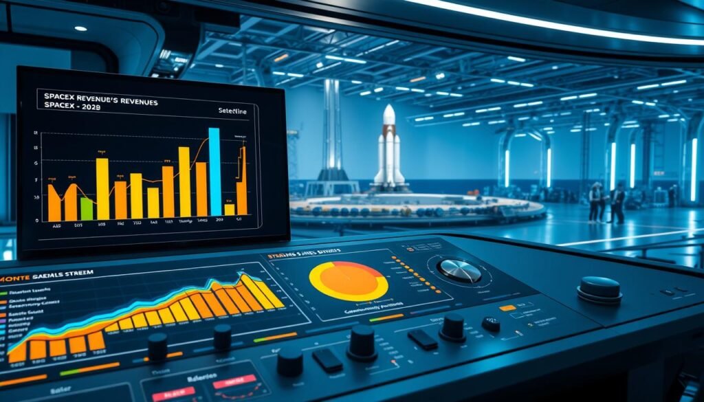 A sleek, futuristic control panel with various revenue stream indicators displayed on a high-resolution display. In the foreground, an array of colorful graphs and charts show the core business lines that drive SpaceX's revenues, including satellite launches, Starlink internet services, and government/military contracts. The middle ground features a minimalist user interface with toggle switches and dials to adjust the data visualizations. The background showcases a panoramic view of a bustling SpaceX launch facility, with towering rockets and busy technicians in the distance, all bathed in a cool, technical lighting scheme. The overall aesthetic conveys a sense of precision, innovation, and financial success. A sleek, futuristic control panel with various revenue stream indicators displayed on a high-resolution display. In the foreground, an array of colorful graphs and charts show the core business lines that drive SpaceX's revenues, including satellite launches, Starlink internet services, and government/military contracts. The middle ground features a minimalist user interface with toggle switches and dials to adjust the data visualizations. The background showcases a panoramic view of a bustling SpaceX launch facility, with towering rockets and busy technicians in the distance, all bathed in a cool, technical lighting scheme. The overall aesthetic conveys a sense of precision, innovation, and financial success.