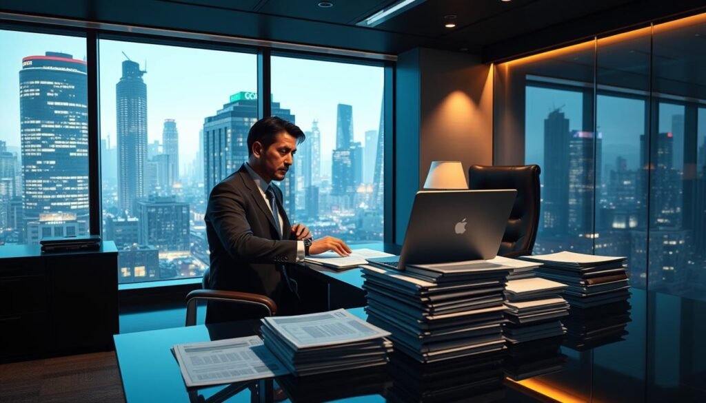 A sleek, modern office setting with a well-appointed executive desk, a plush leather chair, and a large glass window overlooking a bustling cityscape. The CEO, dressed in a sharp suit, is intently focused on a high-tech laptop, surrounded by stacks of reports and financial documents. The lighting is a mix of warm, directional task lighting and soft, ambient illumination, creating a sense of professionalism and productivity. The overall atmosphere is one of power, authority, and the pursuit of wealth and success - a fitting representation of the VIP/CEO work and Special Cargo endeavors in the world of GTA Online. A sleek, modern office setting with a well-appointed executive desk, a plush leather chair, and a large glass window overlooking a bustling cityscape. The CEO, dressed in a sharp suit, is intently focused on a high-tech laptop, surrounded by stacks of reports and financial documents. The lighting is a mix of warm, directional task lighting and soft, ambient illumination, creating a sense of professionalism and productivity. The overall atmosphere is one of power, authority, and the pursuit of wealth and success - a fitting representation of the VIP/CEO work and Special Cargo endeavors in the world of GTA Online.