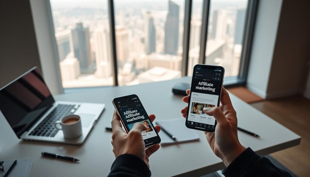A sleek, modern office workspace with a laptop, smartphone, and desk accessories, all in a minimalist, elegant style. The foreground features a person's hands holding a mobile device, showcasing an affiliate marketing app or website. The middle ground shows a clean, uncluttered desk with a notebook, pen, and a mug of coffee. The background has a large window overlooking a bustling city skyline, bathed in soft, warm lighting. The overall atmosphere conveys a sense of professionalism, productivity, and a subtle integration of affiliate marketing into an authentic, everyday work setting. A sleek, modern office workspace with a laptop, smartphone, and desk accessories, all in a minimalist, elegant style. The foreground features a person's hands holding a mobile device, showcasing an affiliate marketing app or website. The middle ground shows a clean, uncluttered desk with a notebook, pen, and a mug of coffee. The background has a large window overlooking a bustling city skyline, bathed in soft, warm lighting. The overall atmosphere conveys a sense of professionalism, productivity, and a subtle integration of affiliate marketing into an authentic, everyday work setting.