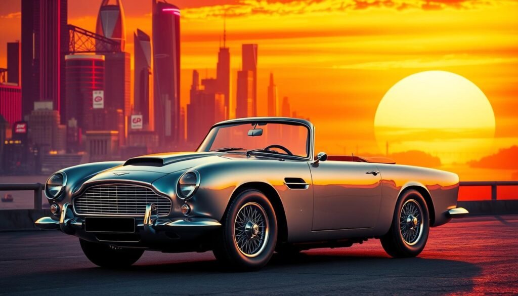 A sleek, silver Aston Martin DB5 glistens under the warm, golden light of a sunset. Its iconic silhouette and chrome accents evoke the timeless elegance of Ian Fleming's superspy, James Bond. In the foreground, the car's engine purrs with barely contained power, hinting at the thrilling adventures it has experienced. The midground features a stylized, neon-soaked cityscape, its skyscrapers and neon signs creating a futuristic, almost cyberpunk atmosphere. In the background, the horizon is painted in vibrant shades of orange and purple, reflecting the car's luxurious and sophisticated personality. The overall scene conveys a sense of glamour, sophistication, and the timeless allure of the Bond franchise.