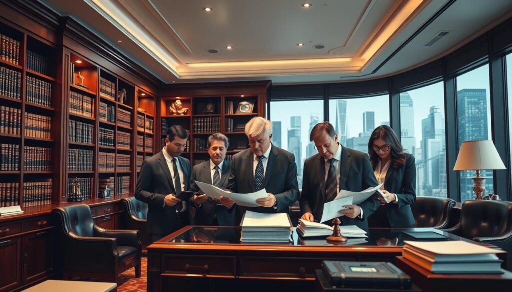 A sophisticated and meticulously crafted scene depicting various career practice areas for lawyers. The foreground features a well-appointed law office, with imposing bookcases, mahogany furniture, and carefully curated decor. In the middle ground, a group of lawyers in tailored suits consult legal documents, their expressions serious and focused. The background reveals a cityscape of skyscrapers, suggesting the high-stakes, high-earning nature of their profession. The lighting is warm and inviting, casting a professional, authoritative atmosphere. The overall composition conveys the intellectual rigor, attention to detail, and lucrative opportunities inherent in specialized legal practice areas. A sophisticated and meticulously crafted scene depicting various career practice areas for lawyers. The foreground features a well-appointed law office, with imposing bookcases, mahogany furniture, and carefully curated decor. In the middle ground, a group of lawyers in tailored suits consult legal documents, their expressions serious and focused. The background reveals a cityscape of skyscrapers, suggesting the high-stakes, high-earning nature of their profession. The lighting is warm and inviting, casting a professional, authoritative atmosphere. The overall composition conveys the intellectual rigor, attention to detail, and lucrative opportunities inherent in specialized legal practice areas.