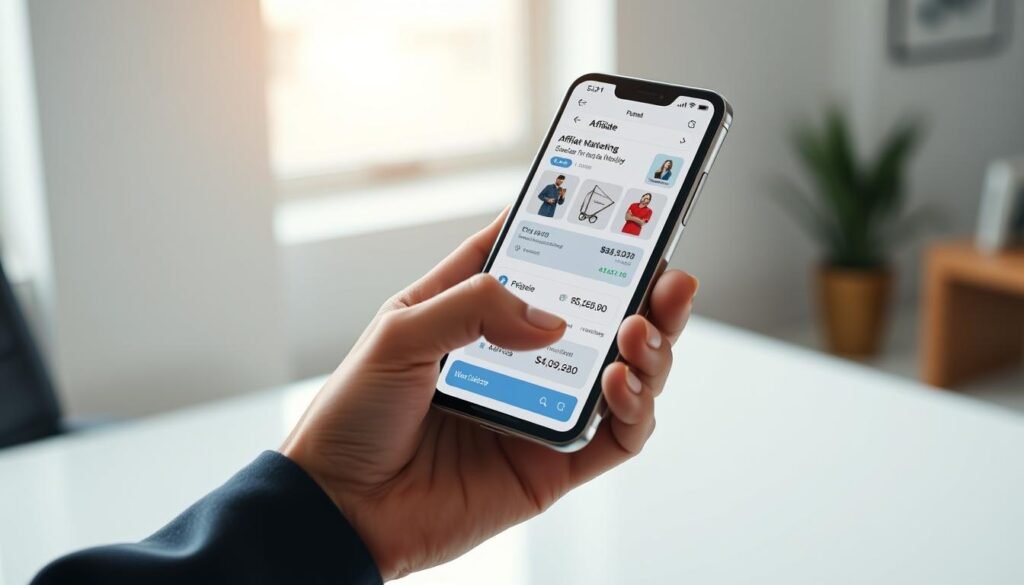A sophisticated smartphone display showcasing an affiliate marketing app interface. The phone is held comfortably in a human hand, the screen illuminated with a sleek, modern design highlighting affiliate products and earnings data. Soft, directional lighting casts subtle shadows, emphasizing the phone's elegant lines. The background is a minimalist, office-like setting, hinting at the semi-passive income potential of affiliate marketing from one's mobile device. Depth of field draws the viewer's attention to the phone's screen, suggesting the convenience and efficiency of this income stream. The overall mood is one of simplicity, technology, and the promise of financial empowerment.