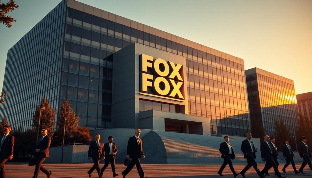 A sprawling corporate headquarters of the Fox Corporation, its iconic logo prominently displayed on the facade. The building is captured in a crisp, high-resolution image, bathed in warm, golden-hour lighting that casts dramatic shadows across the sleek, modern architecture. In the foreground, a group of business executives in sharp suits stride purposefully, conveying a sense of power and acquisition. The scene evokes a sense of ambition, growth, and the relentless pursuit of expansion in the competitive media landscape.