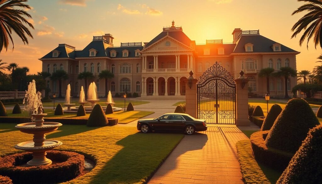 A sprawling, opulent mansion set against a backdrop of golden sunset hues, its grand architecture and lavish details symbolizing the aspirations of the American Dream. In the foreground, a well-manicured lawn dotted with ornate fountains and meticulously pruned topiaries, conveying a sense of wealth, status, and exclusivity. The middle ground features a gleaming, chauffeured limousine arriving at the estate's ornate wrought-iron gates, hinting at the privileged lifestyle within. The scene is bathed in a warm, cinematic light, evoking a sense of nostalgia and the pursuit of material success. This image aims to capture the essence of Gatsby's lavish world and the complexities of the American Dream.
