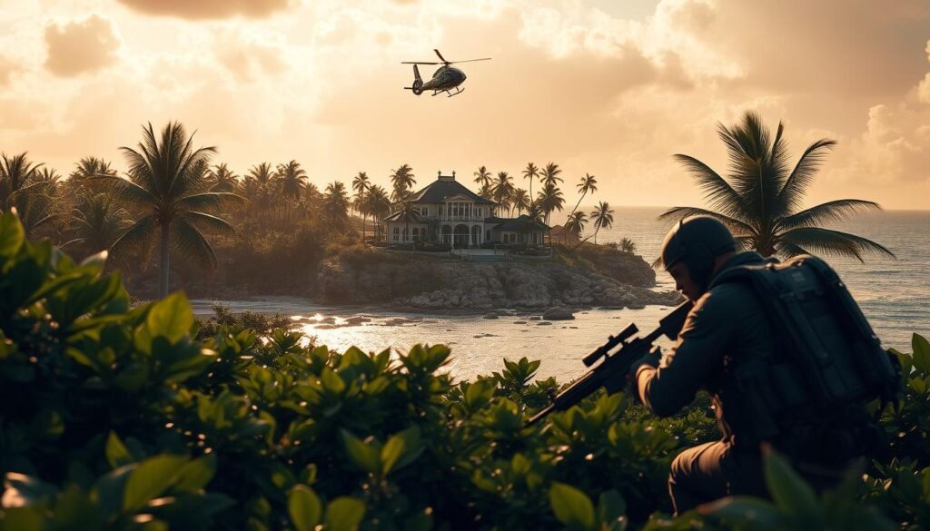 A sprawling tropical island, Cayo Perico, bathed in golden sunlight. In the foreground, a heavily armed infiltrator, clad in tactical gear, crouches amidst lush foliage, eyes scanning the landscape for an opportunity to strike. In the middle ground, an extravagant mansion perched atop a rocky outcrop, guarded by a network of high-tech security systems. Towering palm trees sway gently in the breeze, framing the scene. The atmosphere is tense, yet the tranquil beauty of the island creates a stark contrast. A lone helicopter circles overhead, casting long shadows across the grounds. This is the stage for a daring solo heist, a high-stakes gamble to amass great wealth.