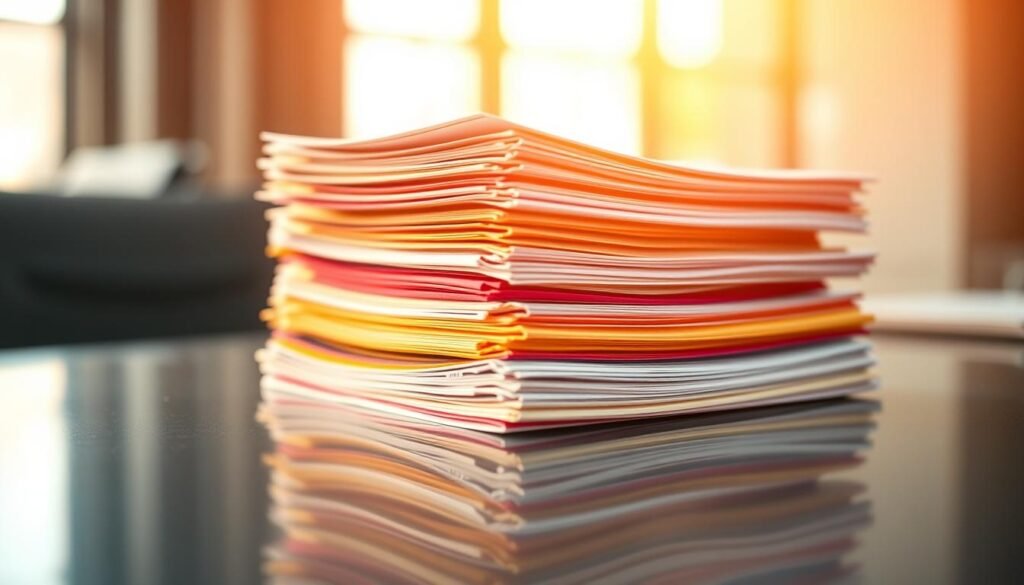 A stack of colorful insurance policy documents and premium payment notices, illuminated by soft, warm lighting from the side. The papers are neatly arranged on a sleek, polished desk, reflecting the professional, authoritative atmosphere of an insurance company's office. The depth of field blurs the background, drawing the viewer's focus to the central premiums stack. The overall composition conveys a sense of financial security, responsibility, and the core business model of insurance providers.