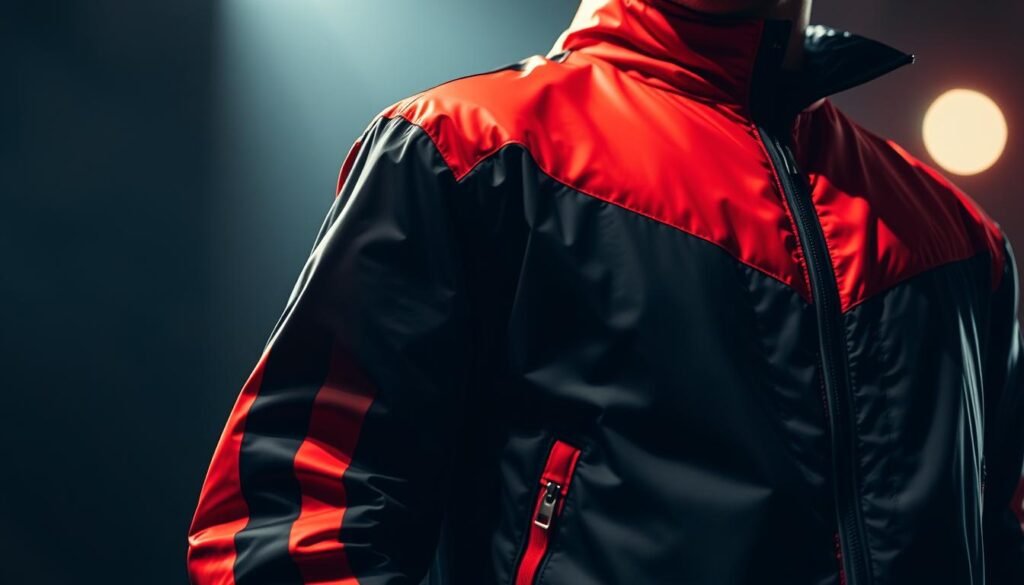 A striking, high-contrast statement jacket in a bold, eye-catching design. The garment dominates the frame, with a close-up, detailed view showcasing the vibrant colors, sharp graphic patterns, and premium materials. Dramatic lighting from the side casts dramatic shadows, emphasizing the jacket's sculptural silhouette. The background is intentionally blurred, keeping the focus solely on the jacket as the central, powerful style statement. The overall mood is confident, aspirational, and fashion-forward, reflecting the message of financial independence and personal expression.