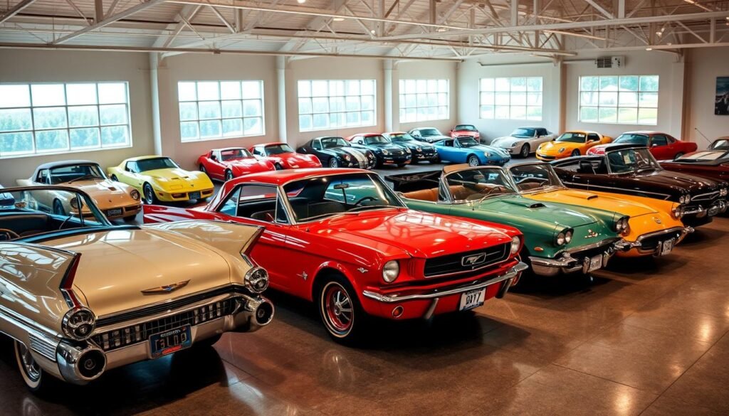 A stunning array of classic American automobiles parked in a well-lit, expansive showroom. In the foreground, a gleaming 1950s Cadillac Eldorado and a 1960s Ford Mustang, their chrome trim and vibrant paint reflecting the soft, warm lighting. In the middle ground, a collection of vintage Corvettes, Impalas, and Thunderbirds in various hues, each meticulously maintained and displayed as works of art. The background features a high-vaulted ceiling with large windows, allowing natural light to pour in and cast a serene, almost museum-like atmosphere. The overall scene conveys a sense of timeless elegance, passion for automotive history, and a celebration of the golden age of American car culture. A stunning array of classic American automobiles parked in a well-lit, expansive showroom. In the foreground, a gleaming 1950s Cadillac Eldorado and a 1960s Ford Mustang, their chrome trim and vibrant paint reflecting the soft, warm lighting. In the middle ground, a collection of vintage Corvettes, Impalas, and Thunderbirds in various hues, each meticulously maintained and displayed as works of art. The background features a high-vaulted ceiling with large windows, allowing natural light to pour in and cast a serene, almost museum-like atmosphere. The overall scene conveys a sense of timeless elegance, passion for automotive history, and a celebration of the golden age of American car culture.