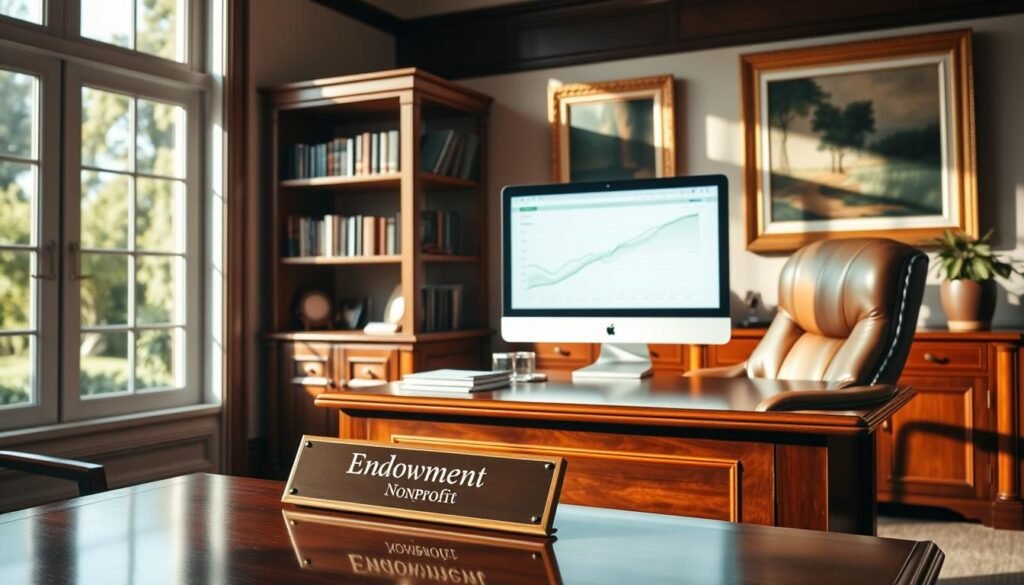 A tranquil, well-appointed office setting, bathed in warm, natural light filtering through large windows. In the foreground, a polished, wooden desk adorned with a plaque denoting an "Endowment Nonprofit" organization. On the desk, a computer monitor displays financial reports and graphs, while a executive-style leather chair invites the viewer to envision a diligent administrator managing the organization's investments and endowments. The middle ground features shelves filled with books and awards, conveying a sense of professionalism and longevity. In the background, tasteful artwork and lush greenery from outdoor landscaping create a serene, contemplative atmosphere conducive to prudent financial stewardship.