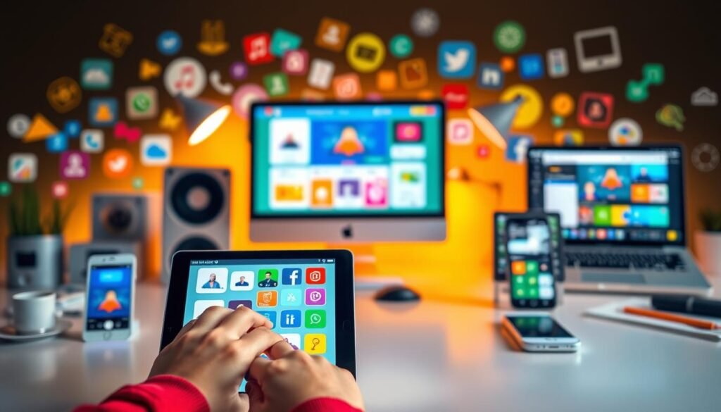 A vibrant and dynamic scene of early online options for a 12-year-old, showcasing a variety of colorful platforms and devices. In the foreground, a young person's hands interact with a tablet, exploring various apps and websites. In the middle ground, a desktop computer, smartphone, and laptop display different online activities and opportunities. The background features a soft, blurred array of additional digital devices, icons, and UI elements, creating a sense of the expansive online landscape. The lighting is warm and inviting, conveying a mood of exploration, discovery, and the exciting potential of early online entrepreneurship. Rendered in a clean, modern aesthetic with a touch of whimsy.