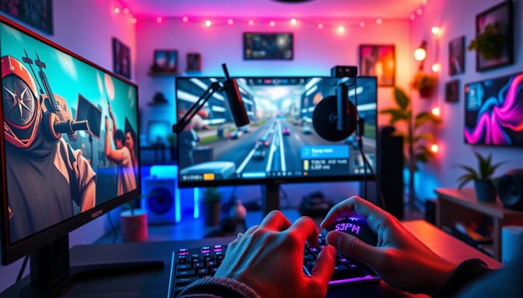 A vibrant, cinematic scene of a gaming streaming setup. In the foreground, a desktop computer with RGB lighting and a high-end gaming monitor displays a dynamic esports game. The streamer's hands are visible, their fingers deftly controlling a sleek gaming mouse and keyboard. Behind them, a professional-grade microphone and webcam capture the streamer's animated reactions. The middle ground features a cozy, minimalist workspace with ambient lighting, plants, and personal memorabilia. In the background, a large, ultra-wide display shows a dynamic viewer count and chatbox, immersing the viewer in the interactive streaming experience. The overall mood is one of energy, excitement, and a sense of community.