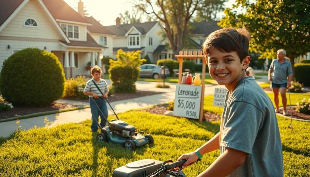 A vibrant, colorful scene showcasing a young entrepreneur's first "jobs." In the foreground, a smiling 12-year-old diligently mowing a lawn, clipping hedges, and washing cars, capturing the hardworking spirit. The middle ground features a lemonade stand with a handwritten sign displaying the pricing, conveying the child's entrepreneurial drive. In the background, a quaint suburban neighborhood with neatly manicured yards and friendly neighbors observing the young worker's initiative. Warm, golden sunlight bathes the scene, creating a sense of pride and accomplishment. Cinematic, wide-angle composition highlighting the child's determination to earn their first income through honest labor.