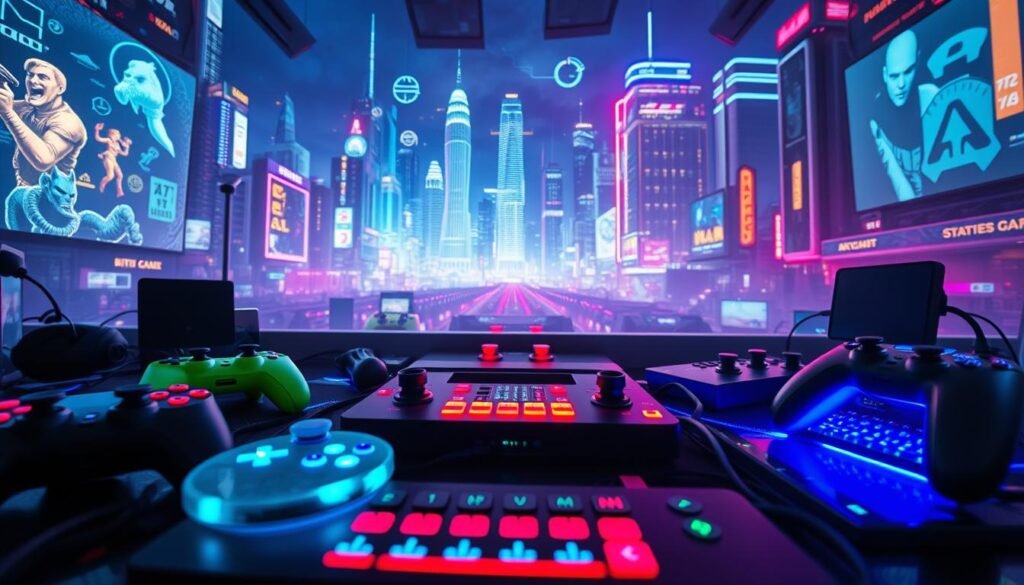 A vibrant, digital game-themed scene with a dynamic, neon-infused aesthetic. In the foreground, an array of glowing game controllers, joysticks, and keyboards create an immersive, interactive display. The middle ground features a holographic projection of various game characters, levels, and icons, casting an ethereal glow across the scene. In the background, a futuristic cityscape with towering skyscrapers and neon-lit streets sets the stage, conveying a sense of technological advancement and innovation. Soft, diffused lighting casts dramatic shadows, adding depth and drama to the composition. The overall mood is one of excitement, creativity, and the boundless potential of the digital world. A vibrant, digital game-themed scene with a dynamic, neon-infused aesthetic. In the foreground, an array of glowing game controllers, joysticks, and keyboards create an immersive, interactive display. The middle ground features a holographic projection of various game characters, levels, and icons, casting an ethereal glow across the scene. In the background, a futuristic cityscape with towering skyscrapers and neon-lit streets sets the stage, conveying a sense of technological advancement and innovation. Soft, diffused lighting casts dramatic shadows, adding depth and drama to the composition. The overall mood is one of excitement, creativity, and the boundless potential of the digital world.