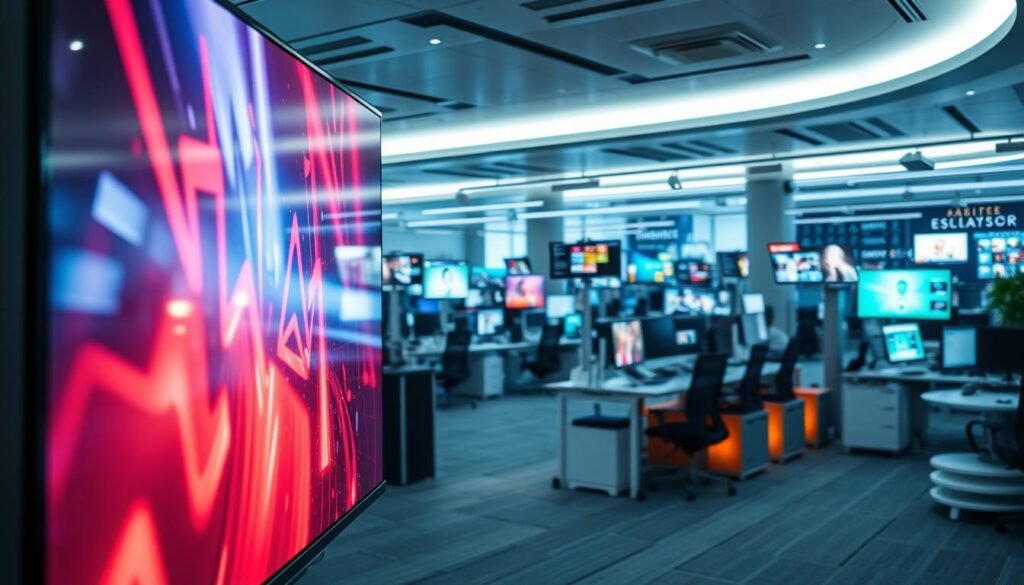 A vibrant, dynamic advertising scene depicting a digital ad platform. In the foreground, a large, glossy display screen showcases a captivating video ad, its visuals and animation drawing the viewer's attention. In the middle ground, various digital ad elements such as banners, popups, and interactive displays are integrated seamlessly into the environment. The background features a sleek, modern office setting with workstations, screens, and a sense of a bustling, technology-driven atmosphere. Soft, diffused lighting and a color palette of blues, grays, and whites create a polished, professional ambiance. The overall composition conveys the efficient, revenue-generating nature of an advertising-driven digital platform.