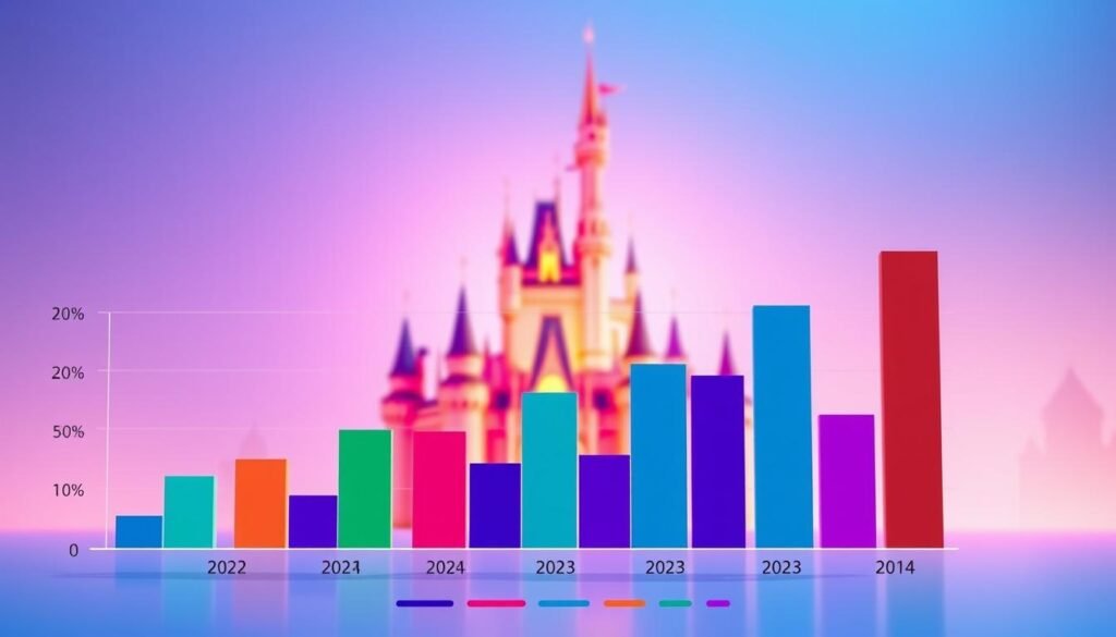 A vibrant financial infographic showcasing a year-over-year revenue snapshot for Disneyland. The foreground features a colorful bar chart with clean lines and a minimalist design, displaying the resort's revenue figures for 2022, 2023, and 2024. The middle ground includes a sleek, three-dimensional Disneyland castle icon, casting a soft, warm glow against a background of gentle gradients in hues of blue and purple, evoking a sense of magic and enchantment. The overall scene is illuminated by a soft, diffused lighting that creates depth and dimensionality, with a cinematic, cinematic quality that invites the viewer to immerse themselves in the data. A vibrant financial infographic showcasing a year-over-year revenue snapshot for Disneyland. The foreground features a colorful bar chart with clean lines and a minimalist design, displaying the resort's revenue figures for 2022, 2023, and 2024. The middle ground includes a sleek, three-dimensional Disneyland castle icon, casting a soft, warm glow against a background of gentle gradients in hues of blue and purple, evoking a sense of magic and enchantment. The overall scene is illuminated by a soft, diffused lighting that creates depth and dimensionality, with a cinematic, cinematic quality that invites the viewer to immerse themselves in the data.