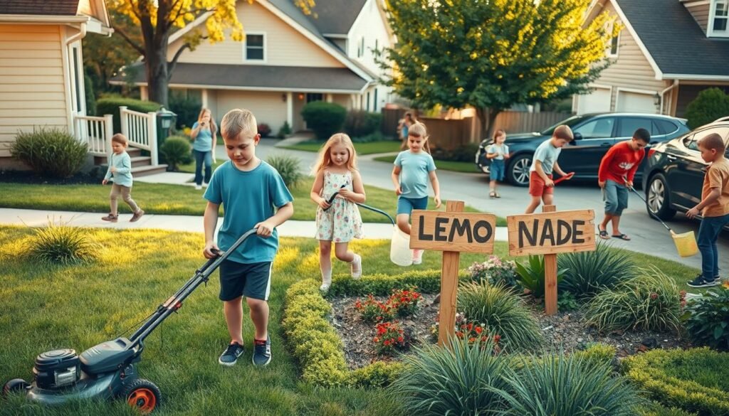 A vibrant neighborhood scene with children offering various services to residents. In the foreground, a young boy mows a lawn, his face full of determined focus. Nearby, a girl waters flowerbeds, her movements graceful and practiced. In the middle ground, a pair of siblings run a lemonade stand, their wooden sign proudly advertising their wares. In the background, other children can be seen walking dogs, raking leaves, and washing cars, each with a sense of purpose and entrepreneurial spirit. The lighting is warm and golden, casting a soft glow over the scene, and the camera angle is slightly elevated, giving a bird's-eye view of the bustling activity. The overall mood is one of industrious youth, capturing the essence of neighborhood jobs that a 12-year-old could offer.