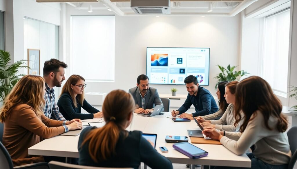 A vibrant office scene, with a group of people gathered around a large table, engaged in a user testing session. The foreground features a team of individuals actively participating, their faces animated as they provide feedback and interact with digital devices. The middle ground showcases a modern, well-lit workspace, with sleek furniture and minimalist decor, creating an atmosphere of productivity and innovation. In the background, a large wall-mounted screen displays user interface designs, guiding the discussion and collaboration. Soft, indirect lighting casts a warm glow, while the overall composition conveys a sense of professionalism and user-centric focus.