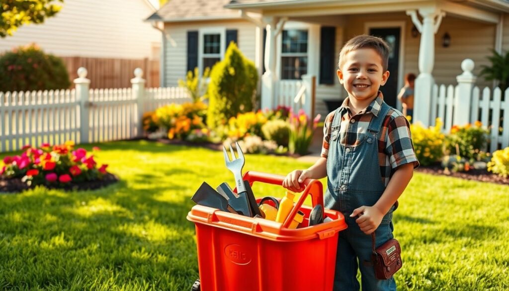 A vibrant yard scene with a young entrepreneur offering an array of services. In the foreground, a child with a friendly smile stands beside a well-stocked toolbox, ready to tackle mowing, weeding, or any other yard work. The middle ground features a neatly trimmed lawn, blooming flower beds, and a freshly painted fence. In the background, a cozy suburban home with a welcoming porch sets the stage. Warm afternoon sunlight bathes the scene, creating a sense of productivity and pride. The composition is balanced, with the child's confident pose and the surrounding details conveying the child's enthusiasm for providing valuable yard services. A vibrant yard scene with a young entrepreneur offering an array of services. In the foreground, a child with a friendly smile stands beside a well-stocked toolbox, ready to tackle mowing, weeding, or any other yard work. The middle ground features a neatly trimmed lawn, blooming flower beds, and a freshly painted fence. In the background, a cozy suburban home with a welcoming porch sets the stage. Warm afternoon sunlight bathes the scene, creating a sense of productivity and pride. The composition is balanced, with the child's confident pose and the surrounding details conveying the child's enthusiasm for providing valuable yard services.