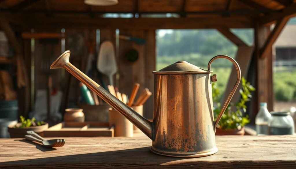 A weathered, copper-tinted watering can stands prominently in the foreground, its intricate details and patina captured in high resolution. The can is positioned on a wooden workbench, with a soft, natural lighting filtering in from an unseen window, casting gentle shadows that add depth and dimension. In the middle ground, various gardening tools and supplies are neatly arranged, hinting at the importance of maintaining one's tools for optimal performance. The background is a serene, pastoral scene, with lush greenery and a hint of a rustic barn or shed, evoking the tranquil setting of a Stardew Valley farm. A weathered, copper-tinted watering can stands prominently in the foreground, its intricate details and patina captured in high resolution. The can is positioned on a wooden workbench, with a soft, natural lighting filtering in from an unseen window, casting gentle shadows that add depth and dimension. In the middle ground, various gardening tools and supplies are neatly arranged, hinting at the importance of maintaining one's tools for optimal performance. The background is a serene, pastoral scene, with lush greenery and a hint of a rustic barn or shed, evoking the tranquil setting of a Stardew Valley farm.
