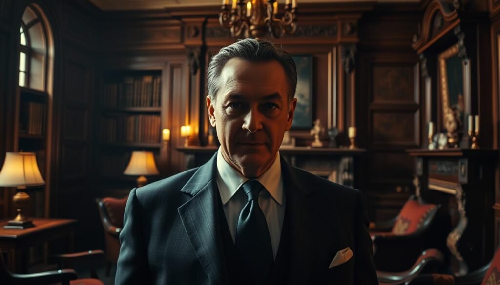 A well-dressed, middle-aged man stands confidently in a dimly lit study, surrounded by the opulent trappings of wealth. His face is partially obscured in shadow, adding an air of mystery to his persona. The room is adorned with mahogany furniture, ornate bookshelves, and a large, ornate fireplace, conveying a sense of old-world elegance. Soft, warm lighting creates a chiaroscuro effect, highlighting the man's sharp features and the lavish details of his environment. The overall atmosphere evokes a sense of power, sophistication, and the quiet strength of someone who has amassed a considerable fortune through cunning and determination.