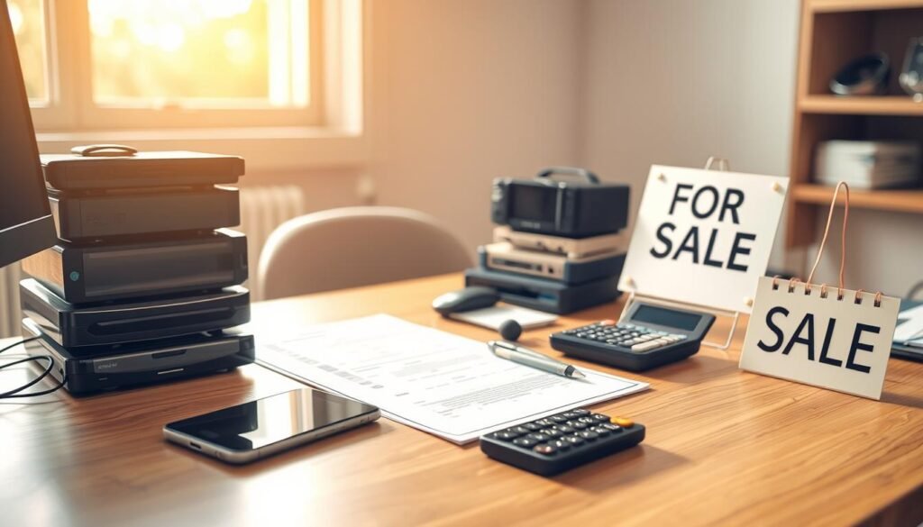 A well-lit and clutter-free office desk with a smartphone, a stack of used electronics, and a "For Sale" sign. The smartphone screen displays a reselling app, while documents and a calculator suggest the process of preparing items for resale. Warm, natural lighting illuminates the scene, creating a sense of productivity and organization. The background features a minimalist, modern interior with neutral tones, emphasizing the focus on the decluttering and reselling task at hand.
