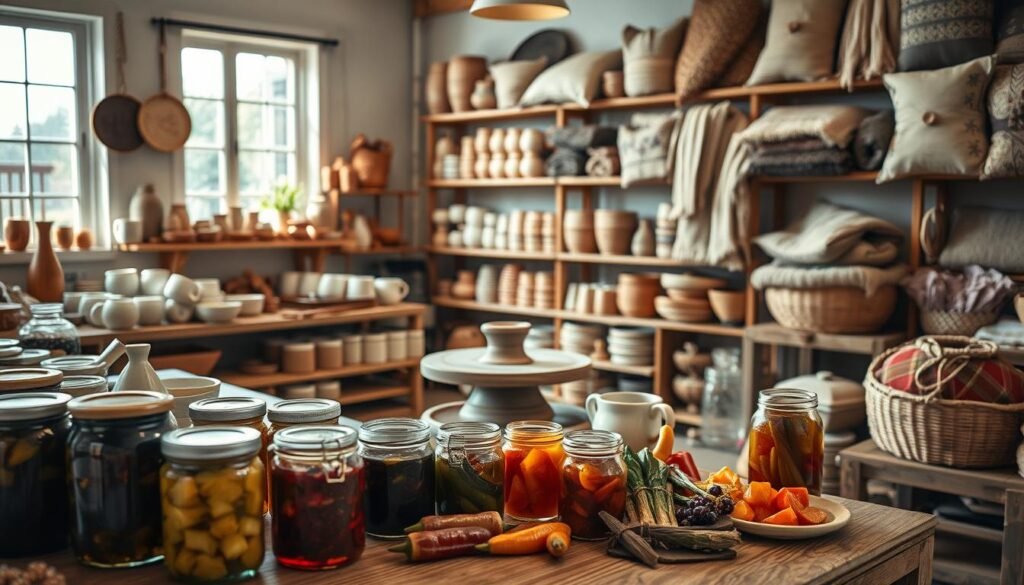 A well-lit artisanal workshop, filled with an array of homemade goods. In the foreground, a wooden table showcases a selection of preserves, jams, and pickled vegetables, their vibrant colors and textures inviting the viewer to imagine their flavors. In the middle ground, a potter's wheel stands ready, surrounded by neatly stacked ceramic mugs, bowls, and vases, each bearing the unique imprint of the maker's hands. The background is dominated by shelves displaying handcrafted textiles, such as hand-woven baskets, knitted scarves, and embroidered pillows, all radiating a sense of quality and care. Warm, natural lighting filters in through large windows, casting a cozy, inviting glow over the entire scene. A well-lit artisanal workshop, filled with an array of homemade goods. In the foreground, a wooden table showcases a selection of preserves, jams, and pickled vegetables, their vibrant colors and textures inviting the viewer to imagine their flavors. In the middle ground, a potter's wheel stands ready, surrounded by neatly stacked ceramic mugs, bowls, and vases, each bearing the unique imprint of the maker's hands. The background is dominated by shelves displaying handcrafted textiles, such as hand-woven baskets, knitted scarves, and embroidered pillows, all radiating a sense of quality and care. Warm, natural lighting filters in through large windows, casting a cozy, inviting glow over the entire scene.