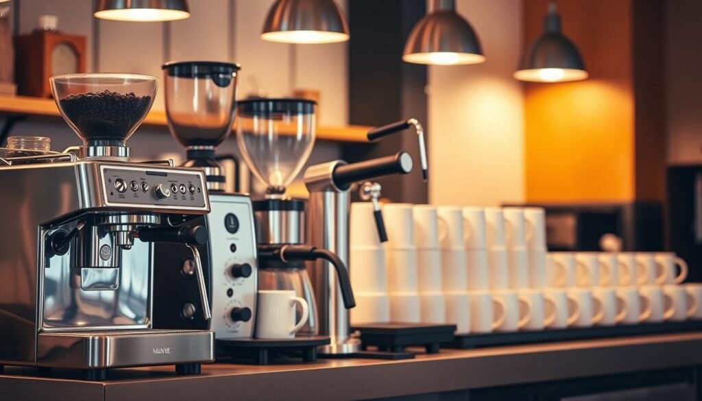 A well-lit cafe counter with an assortment of essential coffee shop equipment. In the foreground, a sleek espresso machine, its chrome panels gleaming under warm overhead lighting. Alongside it, a modern grinder, its hopper filled with freshly roasted beans. In the middle ground, a professional-grade milk steamer, its stainless steel wand poised for frothing. In the background, a row of clean, minimalist mugs and cups, ready to hold the freshly brewed beverages. The overall scene conveys a sense of efficiency and attention to detail, reflecting the specialized equipment needed to operate a successful coffee shop.