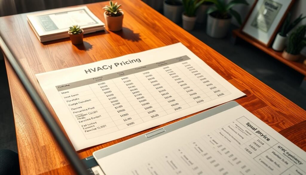 A well-lit, high-angle shot of a detailed HVAC pricing table on a polished wooden desk. The table features neatly organized columns and rows showcasing different HVAC service offerings, their associated costs, and profit margins. The foreground highlights an open laptop displaying financial calculations, while the background features office decor elements like potted plants and framed certificates, conveying a professional, business-savvy atmosphere. Warm, directional lighting casts subtle shadows, accentuating the textures and details of the pricing materials. The overall composition evokes a sense of strategic pricing expertise and a data-driven approach to HVAC service profitability. A well-lit, high-angle shot of a detailed HVAC pricing table on a polished wooden desk. The table features neatly organized columns and rows showcasing different HVAC service offerings, their associated costs, and profit margins. The foreground highlights an open laptop displaying financial calculations, while the background features office decor elements like potted plants and framed certificates, conveying a professional, business-savvy atmosphere. Warm, directional lighting casts subtle shadows, accentuating the textures and details of the pricing materials. The overall composition evokes a sense of strategic pricing expertise and a data-driven approach to HVAC service profitability.
