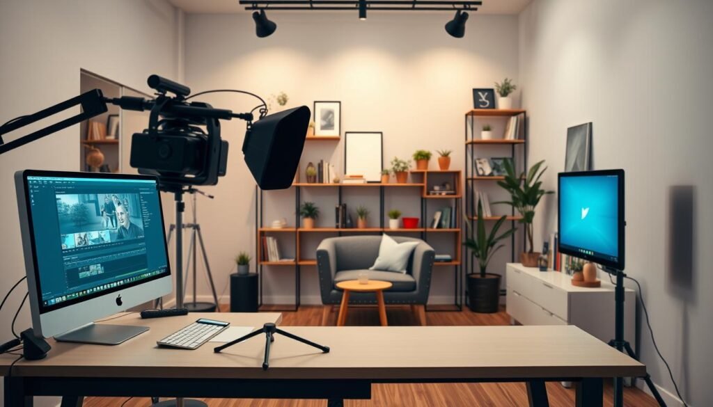 A well-lit, modern YouTube studio with a professional-grade camera, microphone, and lighting setup. The foreground features a sleek, minimalist desk with a high-quality desktop computer and a crisp, clean monitor displaying video editing software. In the middle ground, a cozy seating area with a comfortable chair and a small side table, creating an inviting atmosphere for recording video content. The background showcases a stylish, neutral-toned wall with carefully curated shelves displaying a collection of books, plants, and other decorative elements, adding a touch of personality to the space. The overall scene conveys a sense of productivity, creativity, and the potential for generating engaging video content for a successful YouTube channel. A well-lit, modern YouTube studio with a professional-grade camera, microphone, and lighting setup. The foreground features a sleek, minimalist desk with a high-quality desktop computer and a crisp, clean monitor displaying video editing software. In the middle ground, a cozy seating area with a comfortable chair and a small side table, creating an inviting atmosphere for recording video content. The background showcases a stylish, neutral-toned wall with carefully curated shelves displaying a collection of books, plants, and other decorative elements, adding a touch of personality to the space. The overall scene conveys a sense of productivity, creativity, and the potential for generating engaging video content for a successful YouTube channel.