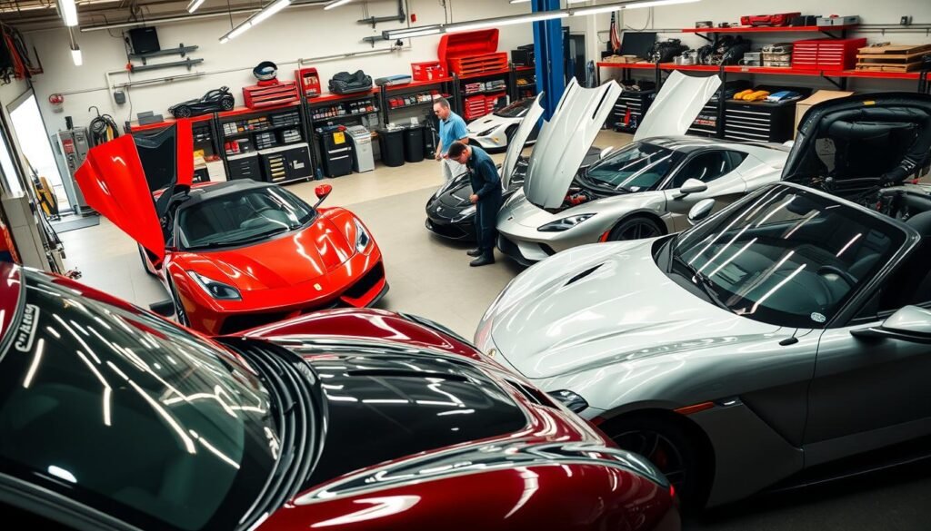 A well-lit, wide-angle view of an auto shop's service bay, showcasing a lineup of various high-performance sports cars and supercars being inspected and worked on by a team of skilled mechanics. The foreground features a technician carefully examining the undercarriage of a sleek, red sports car, while in the middle ground, another mechanic is tinkering with the engine of a gleaming, silver luxury sedan. The background is filled with a collection of tools, diagnostic equipment, and shelves stocked with auto parts, creating a sense of a bustling, professional workspace. The overall atmosphere is one of efficiency, attention to detail, and the pursuit of automotive excellence.