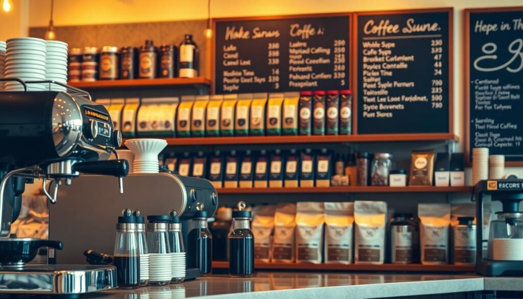 A well-stocked coffee shop counter, bathed in warm, soft lighting that casts a cozy glow. In the foreground, various coffee brewing equipment stands ready - a gleaming espresso machine, a selection of tempting syrups, and neatly organized cups and lids. In the middle ground, rows of whole bean coffee bags line the shelves, their labels prominently displayed. Behind them, a collection of tea tins, spices, and other essential ingredients for crafting the perfect beverages. The background features a chalkboard menu board, hinting at the delectable offerings available. The overall scene conveys a sense of preparedness, anticipation, and the promise of a delightful coffee shop experience.