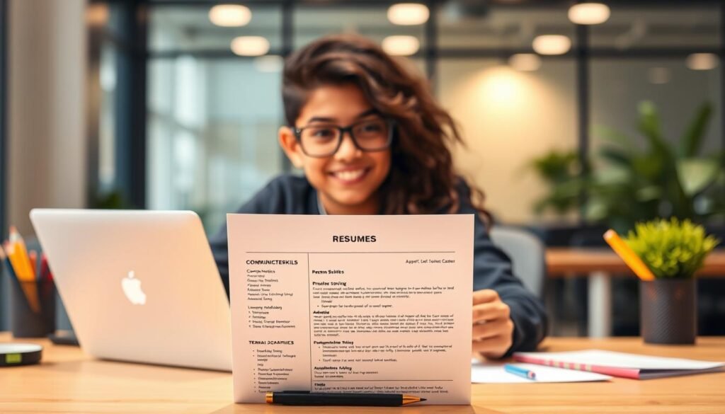 A youthful and dynamic composition showcasing a teenager's resume skills. In the foreground, a clean, well-formatted resume displays key competencies such as communication, problem-solving, and adaptability, highlighted by a warm, soft lighting. In the middle ground, a laptop and office supplies create a productive work environment, while the background features a blurred, modern office setting, conveying a sense of professionalism and opportunity. The overall atmosphere is one of confidence, focus, and the promise of a bright future, capturing the essence of a teenager's journey to secure employment. A youthful and dynamic composition showcasing a teenager's resume skills. In the foreground, a clean, well-formatted resume displays key competencies such as communication, problem-solving, and adaptability, highlighted by a warm, soft lighting. In the middle ground, a laptop and office supplies create a productive work environment, while the background features a blurred, modern office setting, conveying a sense of professionalism and opportunity. The overall atmosphere is one of confidence, focus, and the promise of a bright future, capturing the essence of a teenager's journey to secure employment.