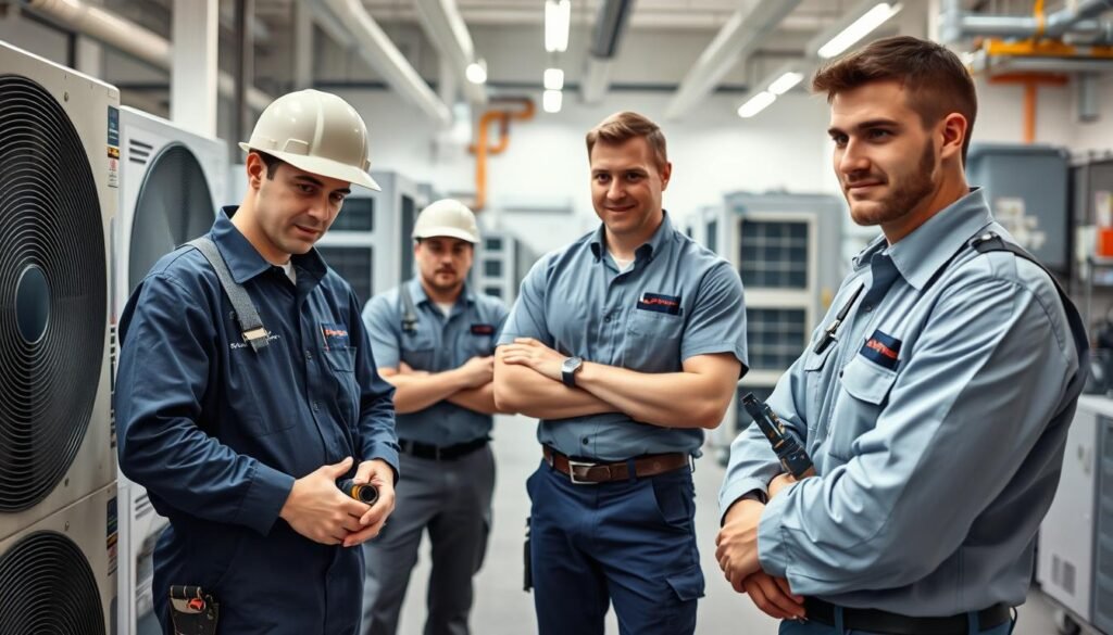 An HVAC technician team standing confidently in a well-lit commercial workshop, dressed in crisp uniforms and protective gear. The foreground features two technicians examining an intricate system with focused expressions, tools in hand. In the middle ground, another technician provides instruction to a trainee, demonstrating proper maintenance techniques. The background showcases an array of state-of-the-art HVAC equipment, conveying the technicians' expertise and the company's investment in cutting-edge technology. The overall scene radiates professionalism, efficiency, and a customer-centric approach to heating and cooling services. An HVAC technician team standing confidently in a well-lit commercial workshop, dressed in crisp uniforms and protective gear. The foreground features two technicians examining an intricate system with focused expressions, tools in hand. In the middle ground, another technician provides instruction to a trainee, demonstrating proper maintenance techniques. The background showcases an array of state-of-the-art HVAC equipment, conveying the technicians' expertise and the company's investment in cutting-edge technology. The overall scene radiates professionalism, efficiency, and a customer-centric approach to heating and cooling services.