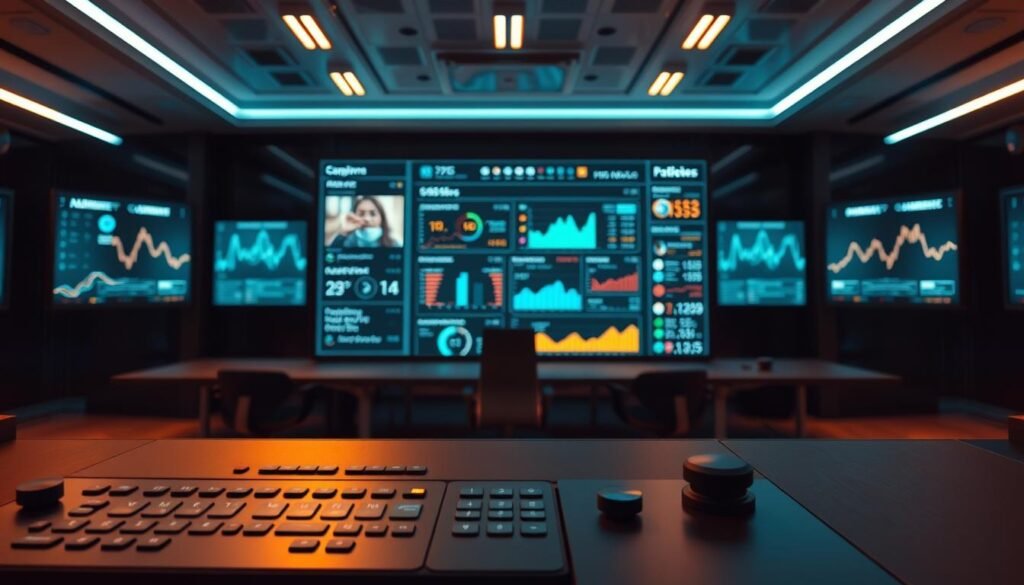 An advertiser's platform against a backdrop of sleek, modern digital displays and vibrant data visualizations. In the foreground, a minimalist control panel with intuitive controls, allowing users to track campaign metrics and make real-time adjustments. The middle ground features a large, high-resolution screen displaying detailed audience insights and performance analytics. The background is a dimly lit, futuristic office space with clean lines and a sense of technological sophistication. Warm, focused lighting casts a subtle glow, creating a professional, data-driven atmosphere. Captured with a wide-angle lens to showcase the depth and scale of the setting.