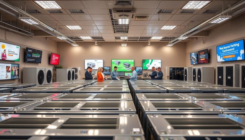 An expansive HVAC showroom with a polished, contemporary design. Gleaming rows of state-of-the-art units in the foreground, their sleek lines and metallic finishes reflecting the bright overhead lighting. In the middle ground, a team of attentive sales representatives engaging with prospective customers, highlighting the energy-efficient features and cost-saving benefits. The background showcases an array of digital marketing displays, including eye-catching graphics, customer testimonials, and compelling call-to-action offers. An atmosphere of professionalism, innovation, and customer-centric service pervades the scene, creating a compelling impression of a thriving HVAC business poised for growth. An expansive HVAC showroom with a polished, contemporary design. Gleaming rows of state-of-the-art units in the foreground, their sleek lines and metallic finishes reflecting the bright overhead lighting. In the middle ground, a team of attentive sales representatives engaging with prospective customers, highlighting the energy-efficient features and cost-saving benefits. The background showcases an array of digital marketing displays, including eye-catching graphics, customer testimonials, and compelling call-to-action offers. An atmosphere of professionalism, innovation, and customer-centric service pervades the scene, creating a compelling impression of a thriving HVAC business poised for growth.