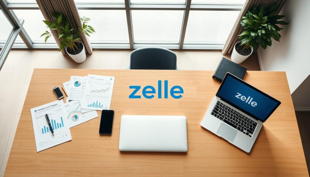 An overhead view of a modern business office, with a clean, minimalist aesthetic. The desk in the foreground features a laptop, smartphone, and a stylized Zelle logo prominently displayed, symbolizing the digital payment platform's central role in the business landscape. The middle ground showcases financial documents, graphs, and charts, hinting at the analytical and data-driven nature of Zelle's business model. The background features a large window, allowing natural light to flood the space and create a sense of openness and transparency. The overall mood is one of efficiency, innovation, and the seamless integration of technology into the modern business ecosystem.
