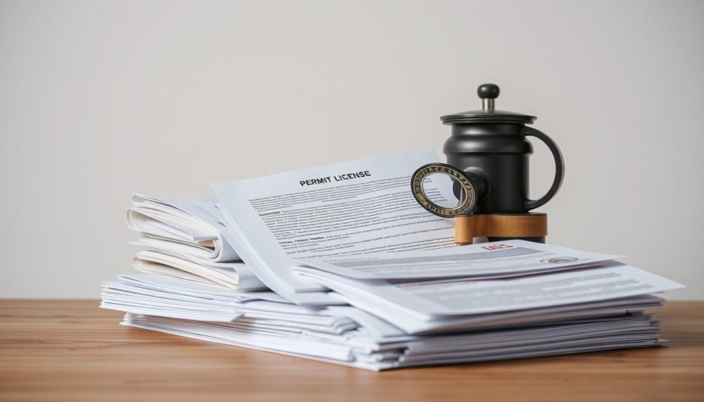 Permits, licenses, and compliance documents against a crisp, professional backdrop. Stacked papers, official stamps, and legalese text convey the bureaucratic yet essential nature of securing proper authorization to operate a business. Warm, directional lighting illuminates the paperwork, creating an authoritative and well-organized atmosphere. The composition emphasizes the importance of meticulously managing regulatory requirements, a key consideration for anyone starting a new venture like a coffee shop. Subtle textures and muted tones lend a sense of gravitas to the scene, underscoring the seriousness of this administrative aspect of entrepreneurship.