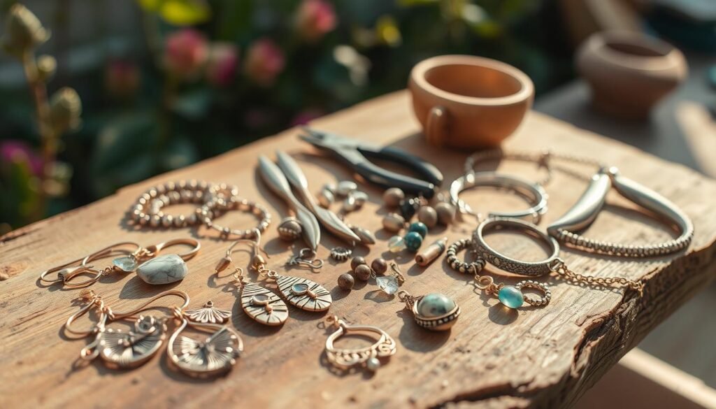 a breathtaking still life of handcrafted jewelry, meticulously arranged on a rustic wooden surface, bathed in warm, natural lighting. The foreground features an array of delicate earrings, necklaces, and bracelets, each piece showcasing intricate designs and textures, such as hammered metal, intricate wire-wrapping, and sparkling gemstones. In the middle ground, a selection of tools and materials used in the jewelry-making process, including pliers, beads, and polished stones, add a sense of authenticity. The background is a soft, blurred natural scene, perhaps a garden or a cozy studio, evoking a sense of calm and craftsmanship. The overall atmosphere is one of artistry, attention to detail, and the joy of creating something unique by hand.