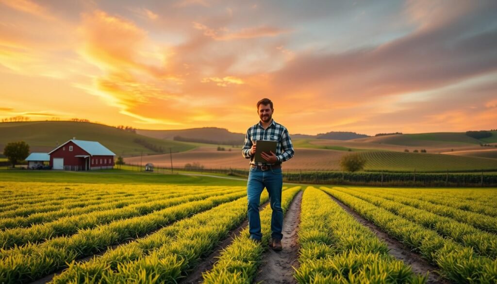 a tranquil pastoral scene of a well-managed farm, with a tidy farmhouse and neatly arranged fields in the foreground, a lush green meadow and rolling hills in the middle ground, and a vibrant sunset sky with warm hues in the background; the farmer is depicted standing in the middle of the fields, clipboard in hand, carefully planning the day's tasks; the scene conveys a sense of industrious productivity and efficient time management, with the farmer's focused expression and the orderly arrangement of the farm suggesting a well-organized and prosperous operation; the lighting is soft and golden, creating a serene and inviting atmosphere; the perspective is slightly elevated, allowing for a panoramic view of the entire farm. a tranquil pastoral scene of a well-managed farm, with a tidy farmhouse and neatly arranged fields in the foreground, a lush green meadow and rolling hills in the middle ground, and a vibrant sunset sky with warm hues in the background; the farmer is depicted standing in the middle of the fields, clipboard in hand, carefully planning the day's tasks; the scene conveys a sense of industrious productivity and efficient time management, with the farmer's focused expression and the orderly arrangement of the farm suggesting a well-organized and prosperous operation; the lighting is soft and golden, creating a serene and inviting atmosphere; the perspective is slightly elevated, allowing for a panoramic view of the entire farm.